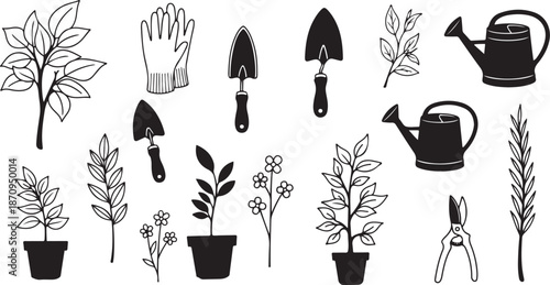 Gardening tools and plants illustration set in black