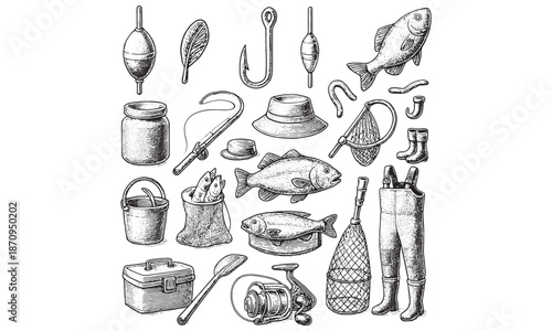 Hand Drawn Fishing Lure Hook Tackle Outdoor Gear Vector Set