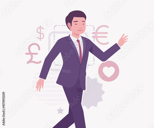 Asian businessman, financial consulting service currency trader walk pose. Stockbroker market dealer investment advisor vector flat style cartoon illustration, dollar, euro, pound currency background