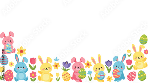 Cheerful bottom border design featuring adorable cartoon Easter bunnies, vibrantly decorated eggs, and beautiful spring flowers like tulips and daffodils.