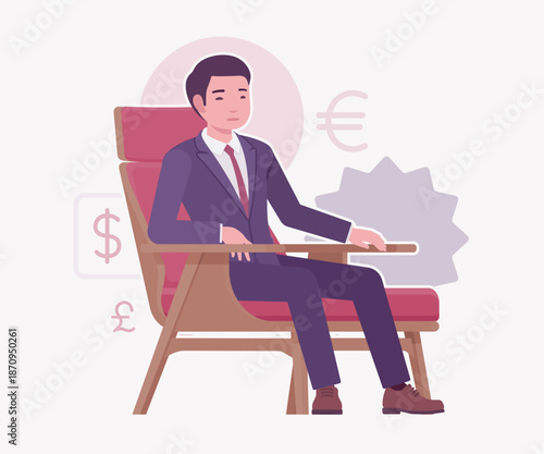 Asian businessman, financial consulting service currency trader chair sit. Stockbroker market dealer investment advisor vector flat style cartoon illustration, dollar, euro, pound currency background