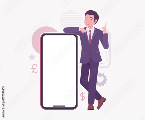 Asian businessman, financial consulting service currency trader stand pose. Stockbroker market dealer investment advisor vector flat style cartoon illustration, dollar, euro, pound currency background