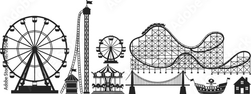 Amusement park silhouette set featuring ferris wheel roller coaster carousel pirate ship and fairground attractions vector illustration isolated on white background