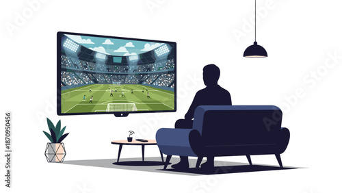Silhouette of a person comfortably seated on a modern sofa, intently watching an exciting soccer game on a large flat-screen television in a stylized living room.