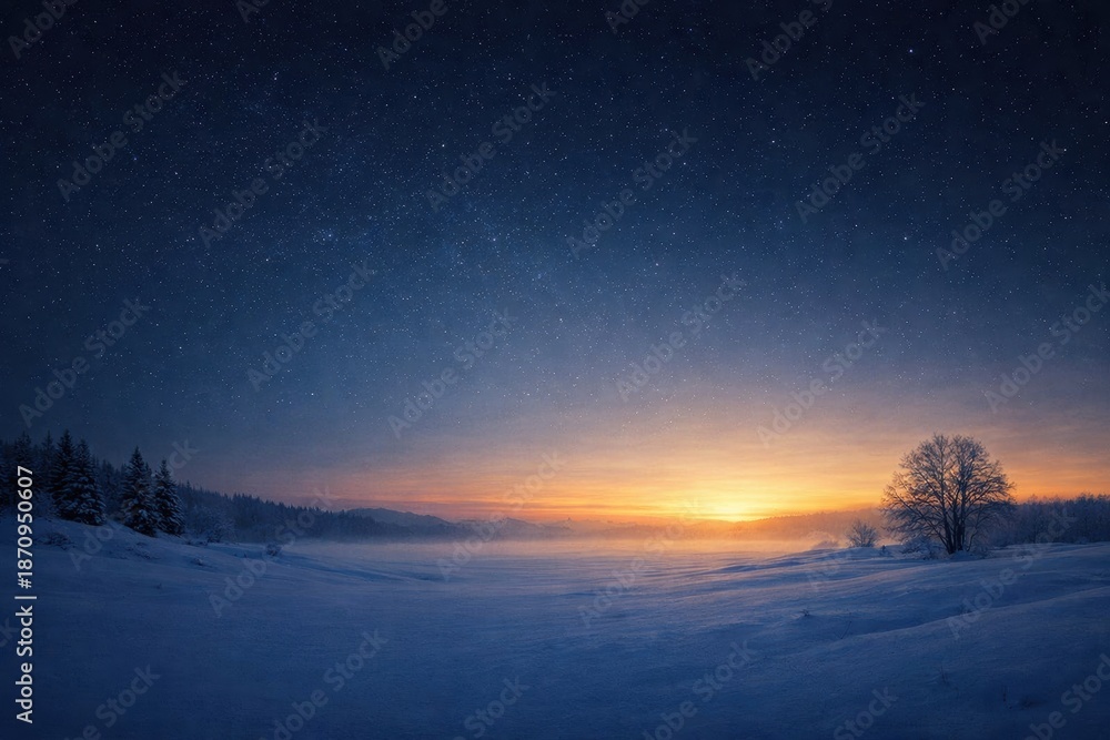Fototapeta premium Snowy Landscape With Trees Under a Starry Sky at Dawn, Capturing the Transition From Night to Day