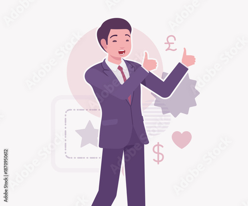 Asian businessman, financial consulting service currency trader thumb up. Stockbroker market dealer investment advisor vector flat style cartoon illustration, dollar, euro, pound currency background