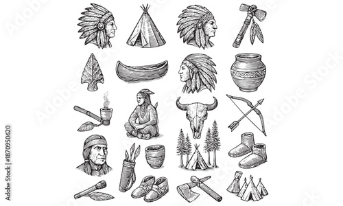 Hand Drawn Native American Teepee Headdress Vector Icons