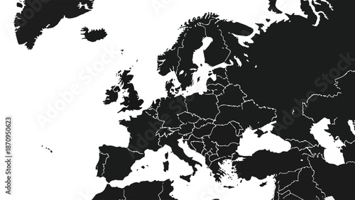 A black and white map of Europe with country borders