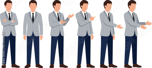 Businessman character set in different hand gestures wearing formal suit for corporate presentation communication and professional office situations