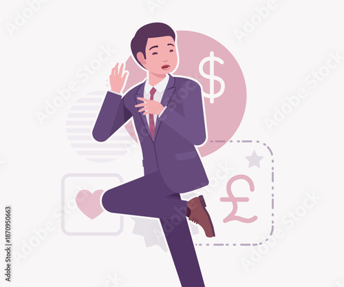 Asian businessman, financial consulting service currency trader pose. Stockbroker market dealer investment advisor vector flat style cartoon illustration, dollar, euro, pound currency background