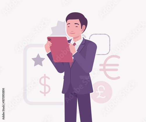 Asian businessman, financial consulting service currency trader stand pose. Stockbroker market dealer investment advisor vector flat style cartoon illustration, dollar, euro, pound currency background