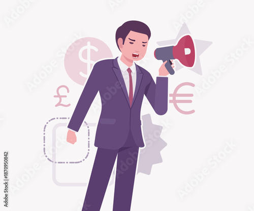 Asian businessman, financial consulting service currency trader megaphone. Stockbroker market dealer investment advisor vector flat style cartoon illustration, dollar, euro, pound currency background