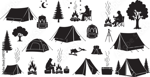 Camping icons and symbols in black and white color