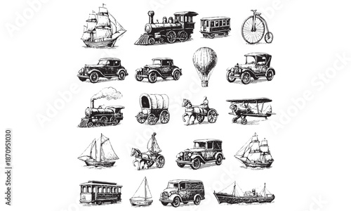 Vintage Transport Ship Train Balloon Doodles Vector Set
