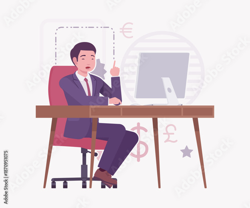 Asian businessman, financial consulting service currency trader at office. Stockbroker market dealer investment advisor vector flat style cartoon illustration, dollar, euro, pound currency background
