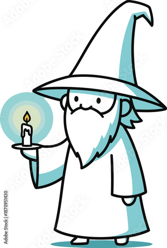 A simple outline cartoon wizard with a pointy hat and long beard holds a small glowing candle