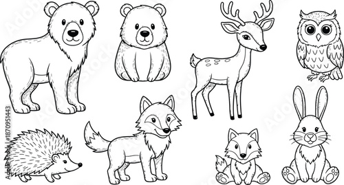 Cute Woodland Animals Collection Set Fox Deer Squirrel Bear Rabbit Raccoon Owl For Kids Coloring Page