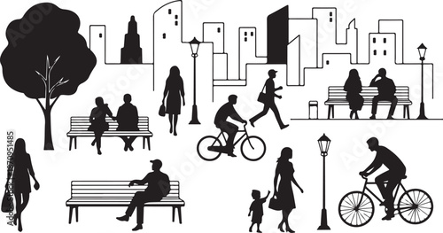 City Park Silhouette with People and Urban Landscape