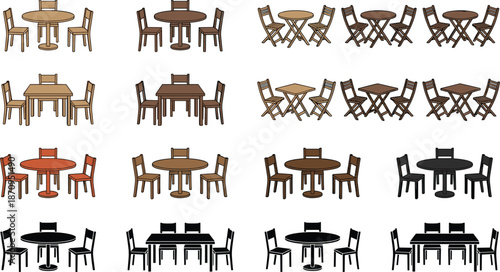 Dining table and chair sets collection in various styles and colors, round and square bistro and dining room furniture vector icons