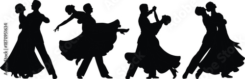Elegant ballroom dance couple silhouettes in flowing gowns and tuxedos, waltz and tango poses, graceful motion, vintage performance stylized vector illustration art
