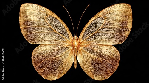 Golden Butterfly with Intricate Wing Patterns on Black Background.