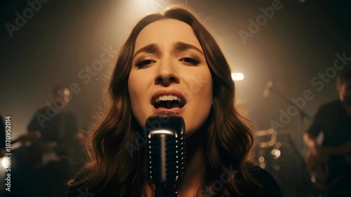 Woman singing with band on stage. Worship music concert in a church with a glowing cross. Christian praise and spiritual event. Baptist and Pentecostal services. Song to Jesus.