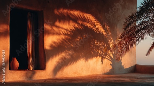 Golden Hour Serenity Palm Shadows Dance on Rustic Wall.