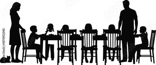 Family dinner silhouette scene with parents and children gathered around dining table, domestic life moment, togetherness and household routine vector illustration