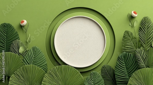 Green Botanical Product Display with Circular Frame and Leaves.