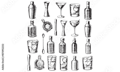 Hand Drawn Cocktail Bar Shaker Glass Bottle Mixology Set