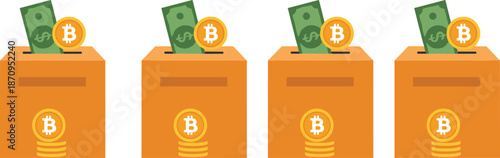 Flat vector illustration of donation boxes with cash and bitcoin coins, charity fundraising concept, cryptocurrency and cash donations, digital currency giving