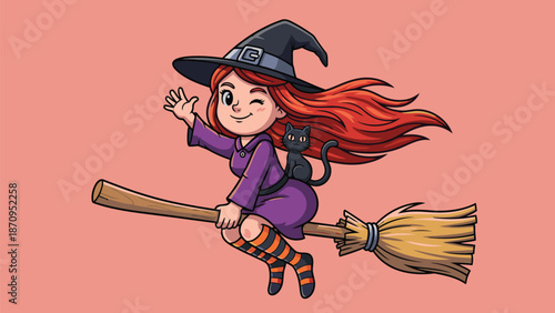 A cheerful cartoon witch with red hair and a black cat waves while flying on a broomstick