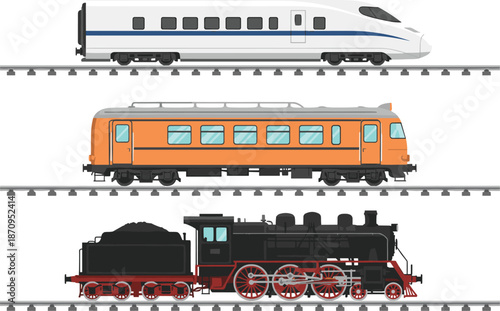 High speed train, passenger railcar and vintage steam locomotive comparison on railway tracks, modern and classic train illustration set