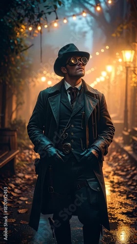 Wallpaper Mural Man in vintage fashion with hat and goggles stands on an illuminated path amidst a misty and autumnal atmosphere in the evening. Torontodigital.ca