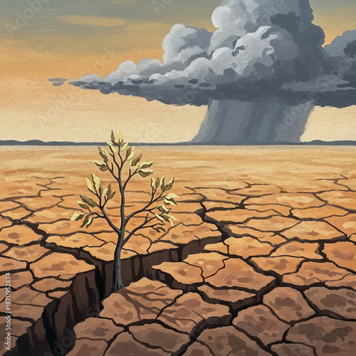 Resilient Sapling Growing Through Cracked Earth During Drought