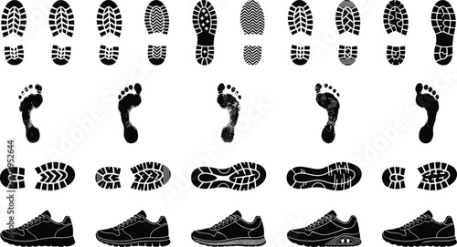 Footwear sole tread patterns and footprints collection, black and white sneaker outsole silhouettes, shoe print icons, vector illustration set