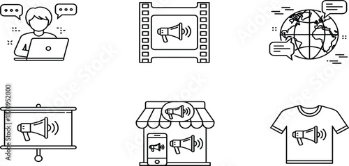 Digital marketing icons set, featuring global communication, social media targeting, lead generation funnel, video advertising, content creation, and retail brand promotion,