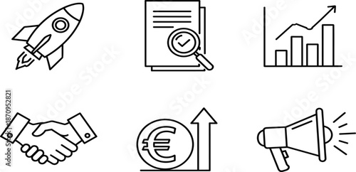 Comprehensive icon set featuring business growth analytics, digital marketing strategies, medical healthcare equipment, global communication networks, professional office supplies, and startup,