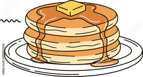 Stack of delicious pancakes with syrup, fresh strawberries, and cream. A sweet breakfast treat illustration