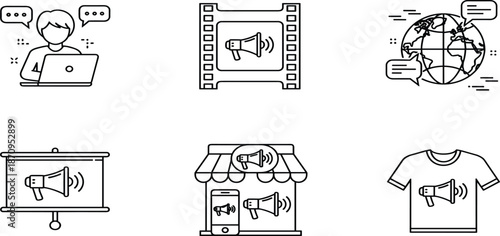 Digital marketing icon set featuring online support, video advertising, global communication, presentation broadcasting, retail store promotion, and custom branded apparel marketing.