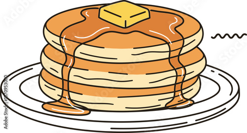 Stack of delicious pancakes with syrup, fresh strawberries, and cream. A sweet breakfast treat illustration