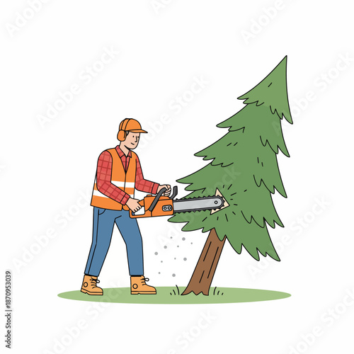 Isolated flat vector of chainsaw cutting a tree, minimal style, clean lines, solid colors, white background.