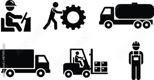Industrial logistics and factory work icons set showing workers, machinery, forklift, tanker truck, delivery vehicle silhouettes isolated on white background