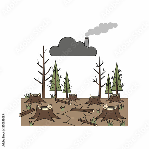 Isolated flat vector of broken forest ecosystem, cut trees and dry land, simple shapes, white background.