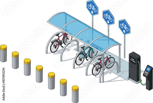 Isometric bicycle parking station with covered bike racks, charging point, safety bollards and cycling road signs, modern urban eco transport infrastructure illustrationIsometric bicycle