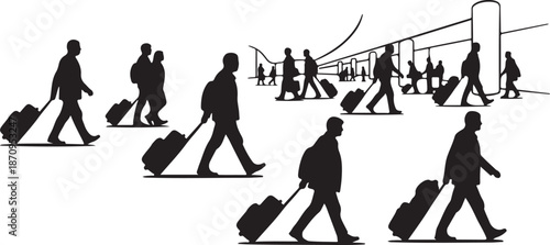 Travelers walking with luggage in airport terminal silhouette