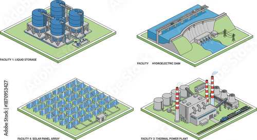 Isometric energy facilities illustration showing liquid storage tanks hydroelectric dam solar panel array and thermal power plant industrial infrastructure overview