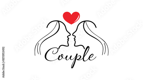 Loving couple faces with heart symbol on white