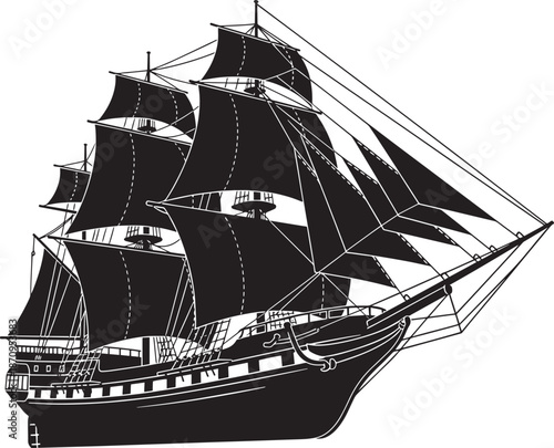Black silhouette of old sailing ship, pirate galleon vector illustration