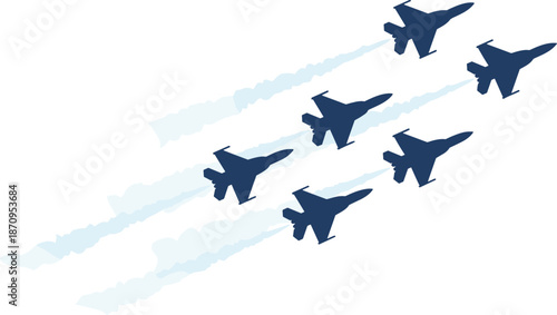 Military fighter jets formation flying with vapor trails, aerial acrobatics squadron, air force demonstration and aviation power concept vector illustration